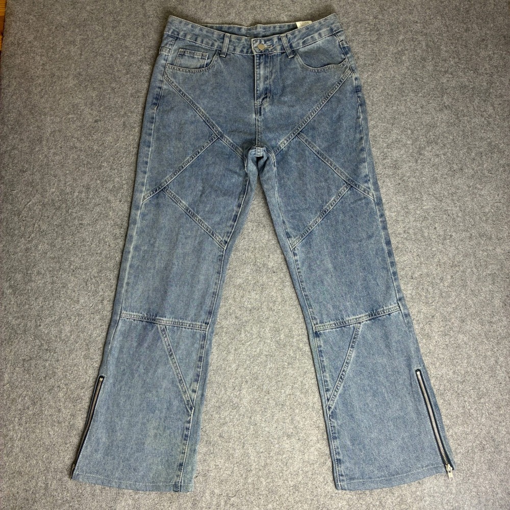 MANFINITY Men's Flare Jeans 33x30 Light Wash Blue Zip Detail Size S Y2K Wide Leg